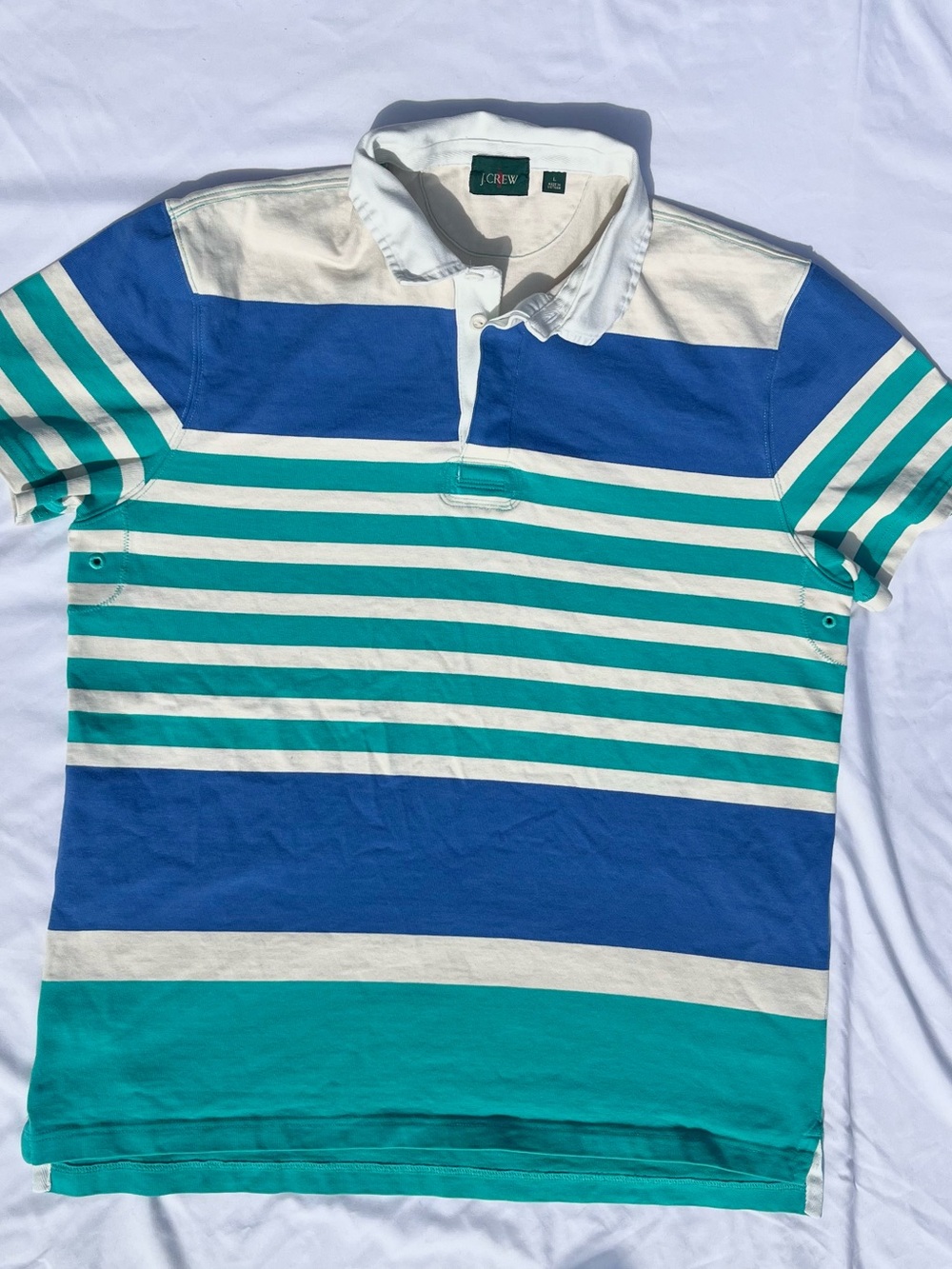 Vintage 1990s Era J. Crew Blue, Teal & White Striped Rugby Polo